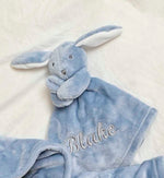 Load image into Gallery viewer, our Babies personalised bunny comforter in Dusky Blue is crafted from super soft plush material, this comforter will keep your baby snug and content. Complete with your babies name personalised/embroidered to the front.