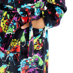 Load image into Gallery viewer, Kids gaming dressing gown personalised to the front with hood and pocket. Colourful with black background.