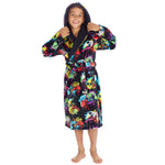 Load image into Gallery viewer, Kids gaming dressing gown personalised to the front with hood and pocket. Colourful controller design with black background.