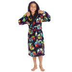 Load image into Gallery viewer, Kids gaming dressing gown personalised to the front with hood and pocket. Colourful controller design with black background.