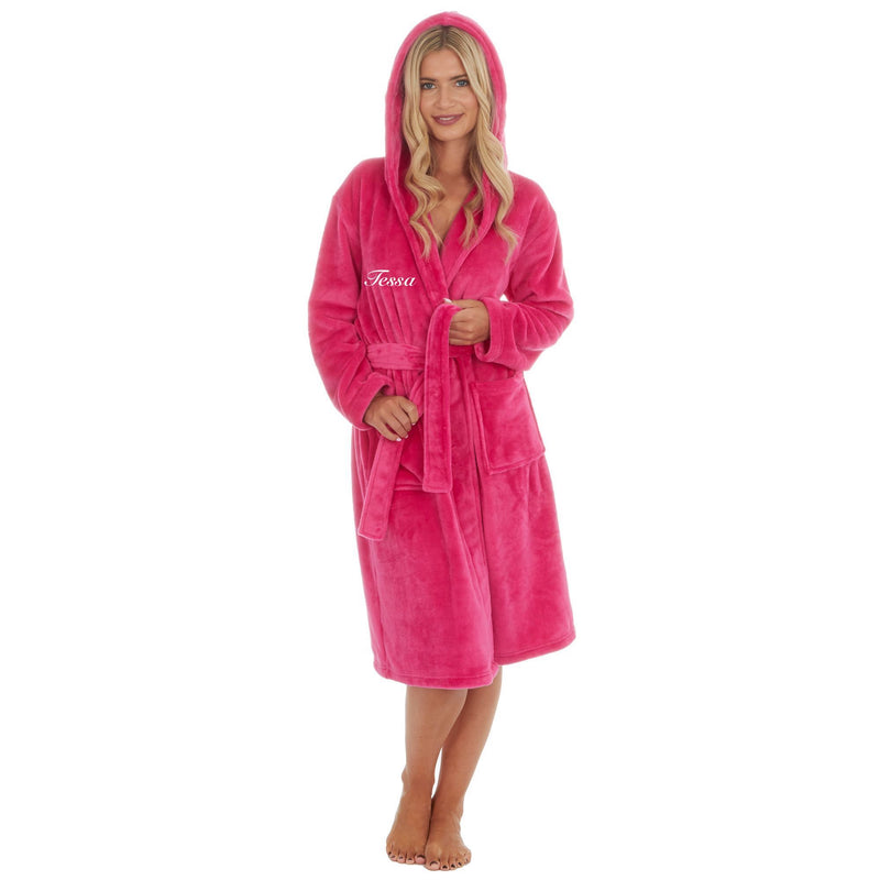 This ladies personalised dressing gown in Dark Pink is made out of a luxurious, plush, super soft fabric, perfect for keeping you warm on a cold day. This dressing gown has a hood to the back, pockets on either side and a tie around the waist. This dressing gown can be personalised with any name you wish, for special requests please leave this in the notes section of your order. This will be embroidered. You can select the colour of the thread this will be personalised in.