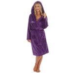 This ladies personalised dressing gown in Dark Purple is made out of a luxurious, plush, super soft fabric, perfect for keeping you warm on a cold day. This dressing gown has a hood to the back, pockets on either side and a tie around the waist. This dressing gown can be personalised with any name you wish, for special requests please leave this in the notes section of your order. This will be embroidered. You can select the colour of the thread this will be personalised in.