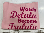 Load image into Gallery viewer, A comfortable ladies oversized light pink cotton hoodie with a printed design in a curvy hot pink printing to the left chest on the front ... Watch Delulu become Trululu... A catchy design sure to catch peoples eye !