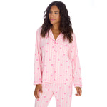 Load image into Gallery viewer, Ladies love heart design pyjamas personalised to the front with a pocket. Pink with buttons to the front.