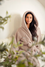 Load image into Gallery viewer, Ladies premium maxi personalised dressing gown in a luxurious Mink colour. Made from super soft thick fabric, maxi length, large hood to the back and adjustable tie around the waist. Complete with a special touch of personalisation to the chest - this is embroidered especially for you. Making the perfect personalised gift for her.