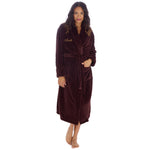 Load image into Gallery viewer, Ladies personalised shawl collar ribbed feature dressing gown. Shaw collar, pockets on either side, tie around the waist and featured ribbed design on the fabric in a deep chocolate colour. This will be personalised with embroidery.