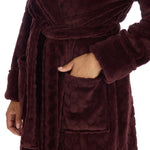 Load image into Gallery viewer, Ladies personalised shawl collar ribbed feature dressing gown. Shaw collar, pockets on either side, tie around the waist and featured ribbed design on the fabric in a deep chocolate colour. This will be personalised with embroidery.