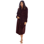 Load image into Gallery viewer, Ladies personalised shawl collar ribbed feature dressing gown. Shaw collar, pockets on either side, tie around the waist and featured ribbed design on the fabric in a deep chocolate colour. This will be personalised with embroidery.