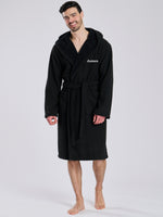 Load image into Gallery viewer, Here we have from the mens collection a personalised waffle material with Borg lining black dressing gown. You could have this embroidered with a name of your choice - embroidered in a white cotton. It has a Borg lined hood, two front pockets and a wrap around tie at the waist. What a great personalised gift such a great way to keep warm on the colder evenings.