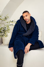Load image into Gallery viewer, Mens premium maxi personalised dressing gown in a luxurious Navy colour with a charcoal contrast lined hood and front panel of the close of the dressing gown. Made from super soft thick fabric, maxi length, large hood to the back and adjustable tie around the waist. Complete with a special touch of personalisation to the chest - this is embroidered especially for you. Making the perfect personalised gift for him.