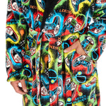 Load image into Gallery viewer, Mens gaming dressing gown personalised to the front with hood and pockets. Adjustable waist tie and a black fleece soft hood lining. Colourful controller design the perfect personalised gift for the gamers!