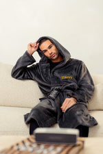Load image into Gallery viewer, Mens two tone plush maxi personalised dressing gown in a luxurious Charcoal and Black two tone mix colour. Made from super soft thick fabric, maxi length, large hood to the back and adjustable tie around the waist. Complete with a special touch of personalisation to the chest - this is embroidered especially for you. Making the perfect personalised gift for him.