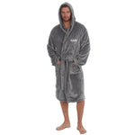 This mens plush dressing gown in Charcoal is super soft and plush, perfect for keeping you warm on a cold day. Complete with a hood to the back, pockets on either side and a tie around the waist. The perfect item for a gift as this can be personalised in any name of your choice and you can choose the thread colour. This will be embroidered.