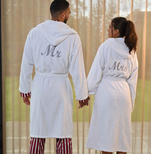 image of couple wearing mr and mrs dressing gown set from Lulabay