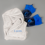 Load image into Gallery viewer, Lulabay boys personalised hooded dressing gown and monster slippers gift set