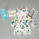 Load image into Gallery viewer, Lulabay baby boy 3 piece personalised dinosaur gown, slippers and dinosaur gift set