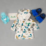 Load image into Gallery viewer, Lulabay baby boys personalised dinosaur gown, slippers and dinosaur gift set