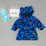 Load image into Gallery viewer, Lulabay baby boys personalised Camo print hooded dressing gown and dinosaur gift set