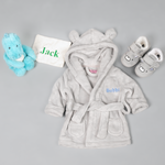 Load image into Gallery viewer, Lulabay baby boys 3 piece personalised gown, slippers and dinosaur gift sets