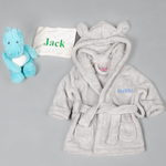 Load image into Gallery viewer, Lulabay baby boys personalised hooded dressing gown and dinosaur comforter gift set