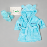 Load image into Gallery viewer, Lulabay baby boys personalised hooded dressing gown and dinosaur comforter gift set