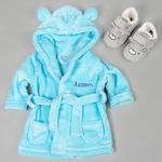 Load image into Gallery viewer, Lulabay baby boys personalised hooded dressing gown and bear slippers gift set