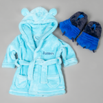 Load image into Gallery viewer, Lulabay baby boys personalised hooded dressing gown and monster slippers gift sets