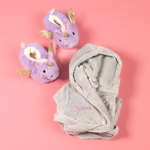 Load image into Gallery viewer, Lulabay girls personalised hooded dressing gown and unicorn slippers gift set