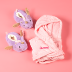 Load image into Gallery viewer, Lulabay girls personalised hooded dressing gown and unicorn slippers gift set