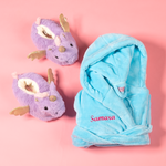 Load image into Gallery viewer, Lulabay girls personalised hooded dressing gown and unicorn slippers gift set