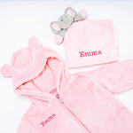 Load image into Gallery viewer, Babies unisex personalised pramsuit and elephant comforter gift set