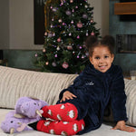 Load image into Gallery viewer, Girls plush maxi personalised dressing gown in a luxurious Navy colour. Made from super soft thick fabric, maxi length, large hood to the back and adjustable tie around the waist. Complete with a special touch of personalisation to the chest - this is embroidered especially for you. Making the perfect personalised gift for children.