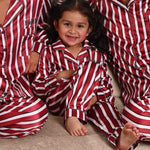 Load image into Gallery viewer, Kids unisex personalised family stripe satin pyjamas