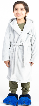Load image into Gallery viewer, Lulabay boys personalised hooded dressing gown and monster slippers gift set
