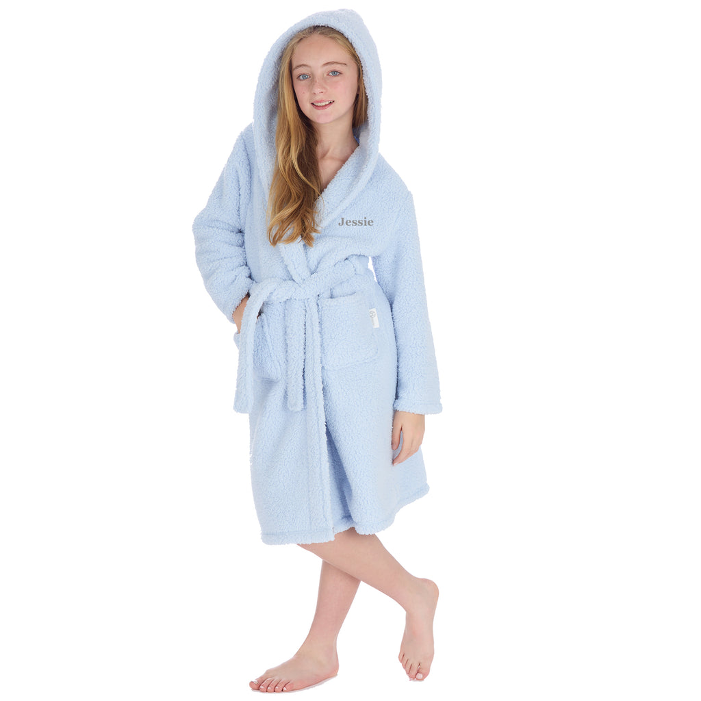 girls premium personalised dressing gown | personalised premium hooded dressing gown for girls | girls luxury fleece robe | embroidered girls dressing gown