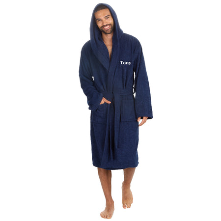 personalised men's hooded terry towelling dressing gown | personalised cotton towelling robe for men | men's personalised hooded bathrobe