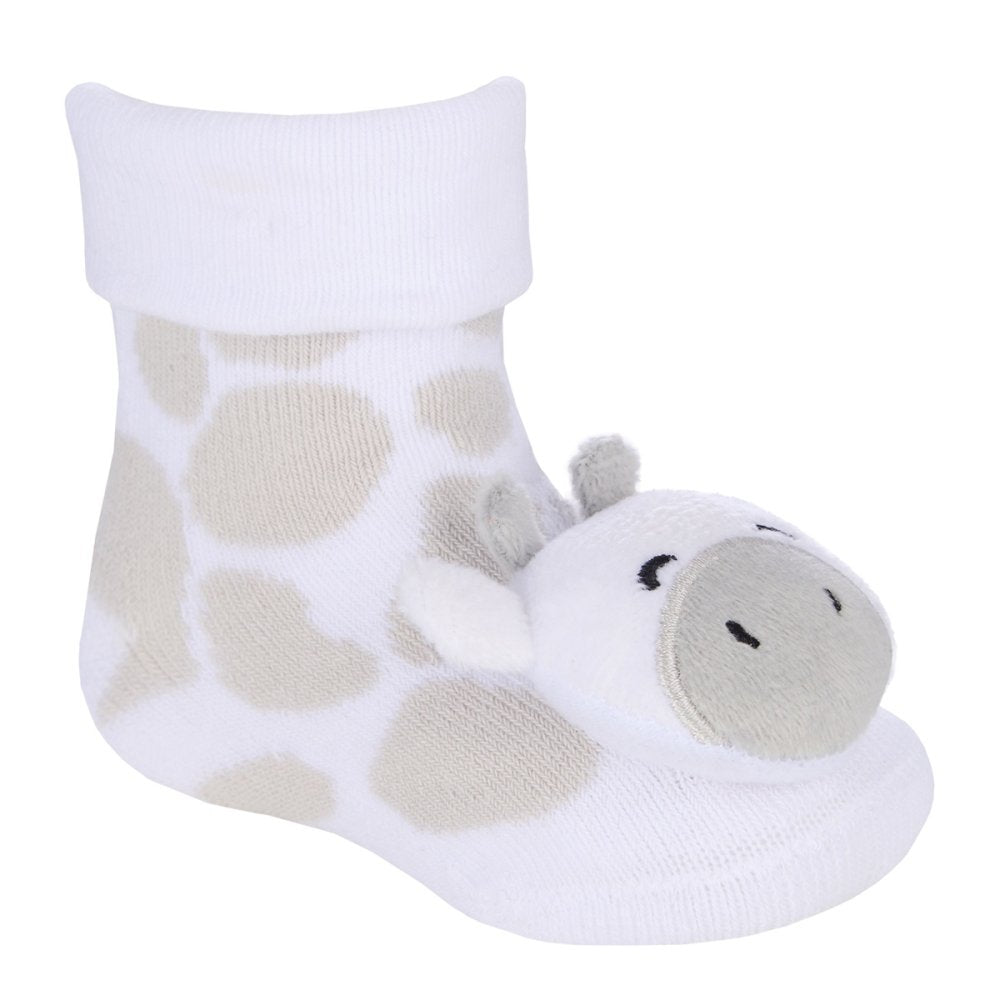 Baby socks white and grey with a 3D giraffe design.