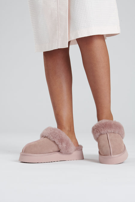 luxury sheepskin platform slippers | dusky pink sheepskin platform slippers