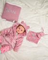 personalised baby 3 piece gift set | personalised baby gift hamper | personalised baby dressing gown and comforter set | embroidered baby gift set
