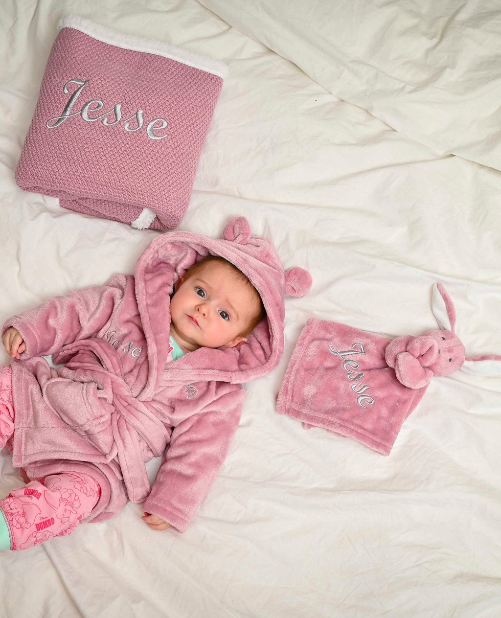 personalised baby 3 piece gift set | personalised baby gift hamper | personalised baby dressing gown and comforter set | embroidered baby gift set