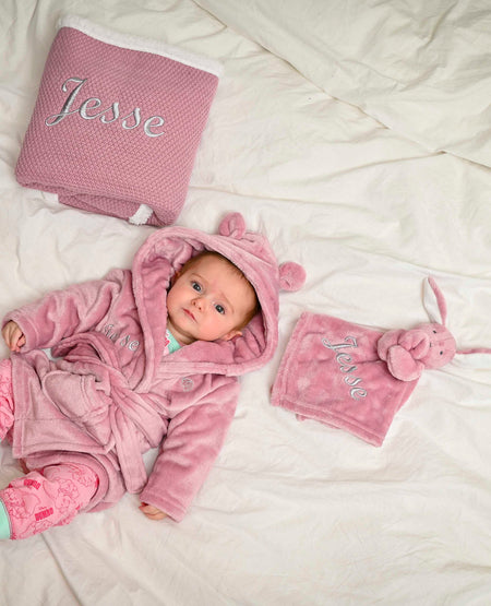 personalised baby 3 piece gift set | personalised baby gift hamper | personalised baby dressing gown and comforter set | embroidered baby gift set