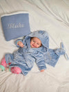 personalised baby 3 piece gift set | personalised baby gift hamper | personalised baby dressing gown and comforter set | embroidered baby gift set