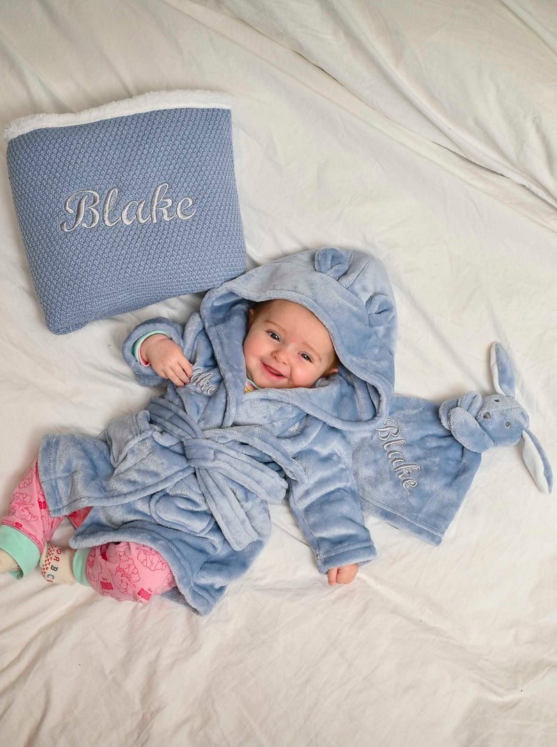 personalised baby 3 piece gift set | personalised baby gift hamper | personalised baby dressing gown and comforter set | embroidered baby gift set