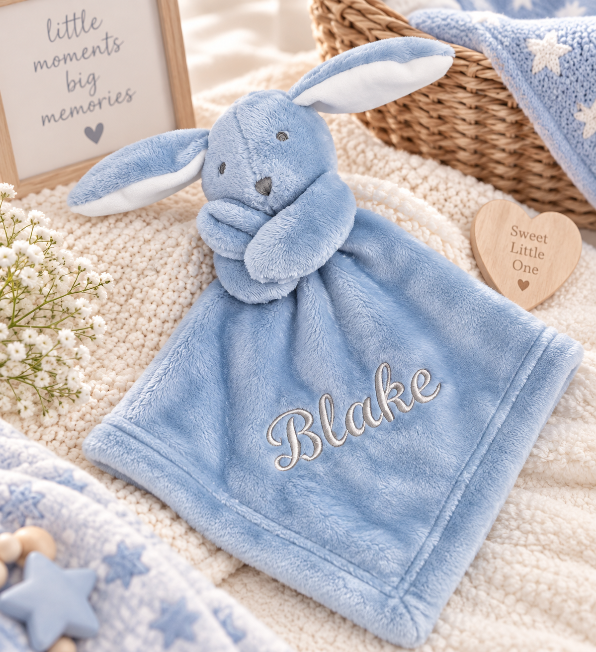 A light blue plush bunny security blanket with the name 'Blake' embroidered in white script on the front, styled on a cream knit blanket with baby props.