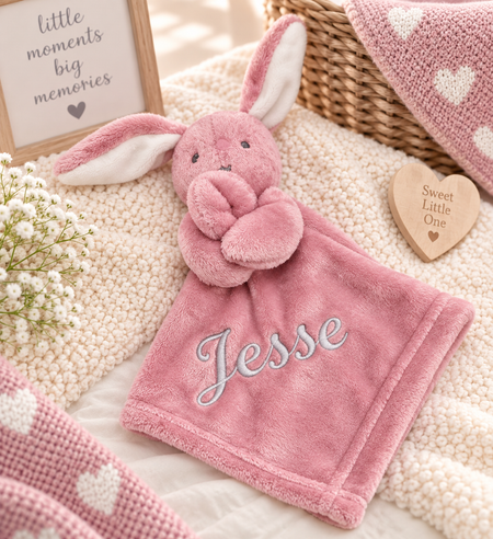 A light pink plush bunny security blanket with the name 'Blake' embroidered in white script on the front, styled on a cream knit blanket with baby props.