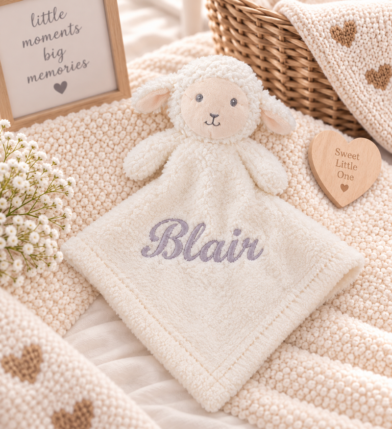 baby personalised lamb comforter | personalised lamb comfort blanket | embroidered lamb comforter for baby | soft lamb comfort toy