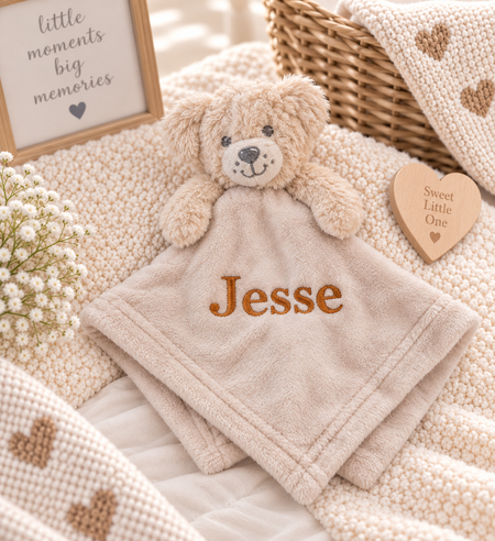 baby personalised puppy comforter | personalised puppy comfort blanket | embroidered puppy comforter for baby | soft puppy comfort toy