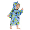 Baby wearing dinosaur print hoody in blue, personalised on the chest. Hood with angaroo pocket to the front. 