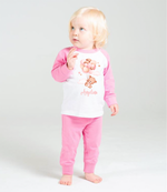 Load image into Gallery viewer, Babies raglan design pyjamas in White and Pink Colour. With a teddy bear design holding pink balloons on the front with a personalised name in pink below. 
