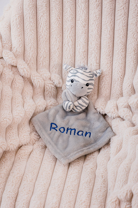 baby personalised zebra comforter | personalised zebra comfort blanket | embroidered zebra comforter for baby | soft zebra comfort toy